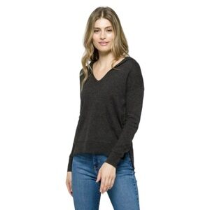 Lusso Chloe 100% Cashmere Hooded Pullover Sweater Womens V-Neck Medium Grey